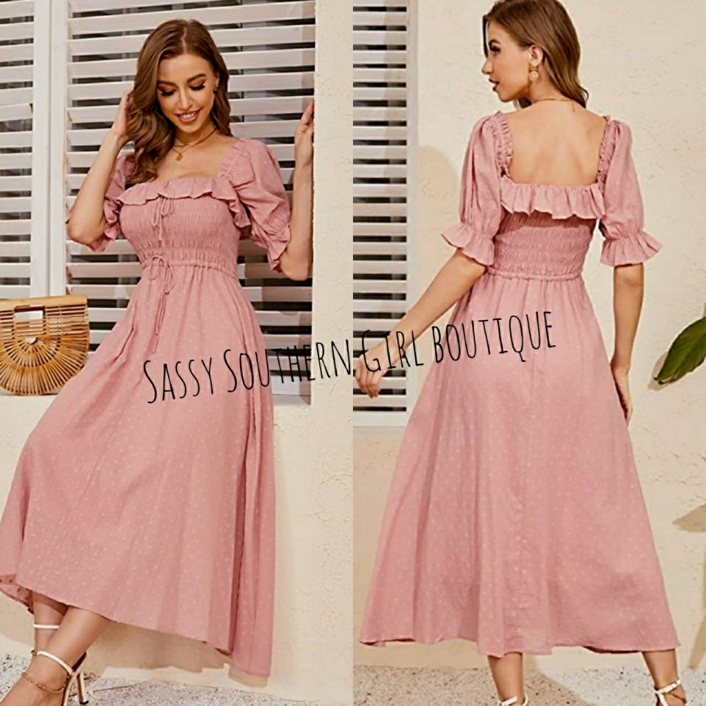 🆕⭐ Boho rose pink smocked swiss dot dress - Picture 8 of 11